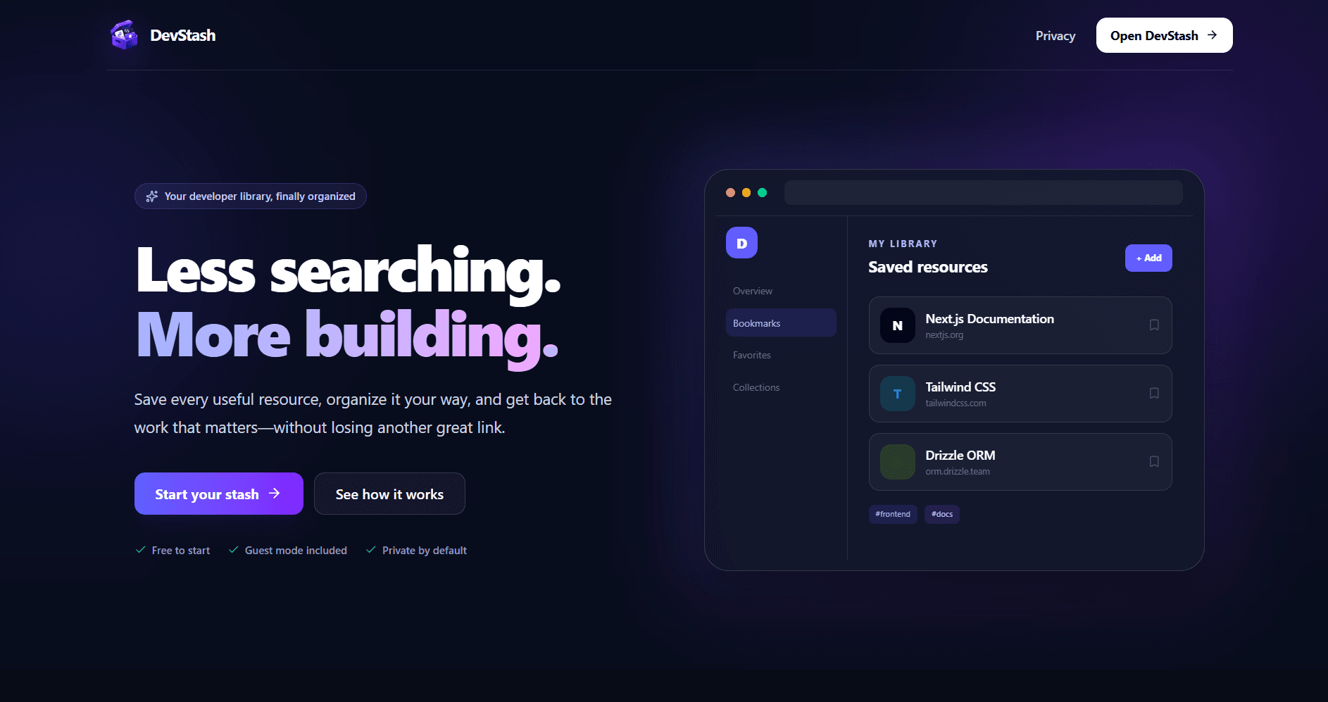 DevStash developer resource manager landing page